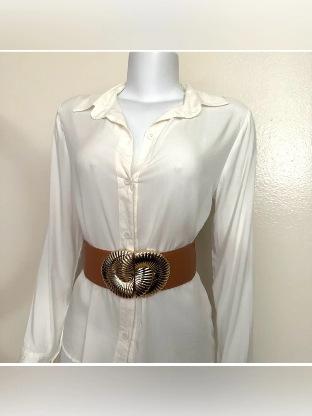Brown PU leather elastic waistband belt with gold tone buckle